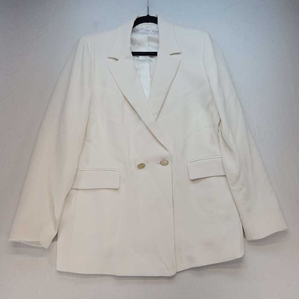 MNG Blazer Women Large White Double Breasted Gold Button Crepe Professional